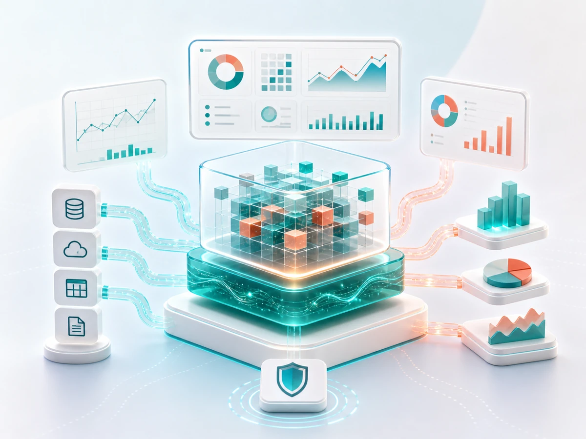 Bright visual representation of analytics, BI dashboards and semantic models.