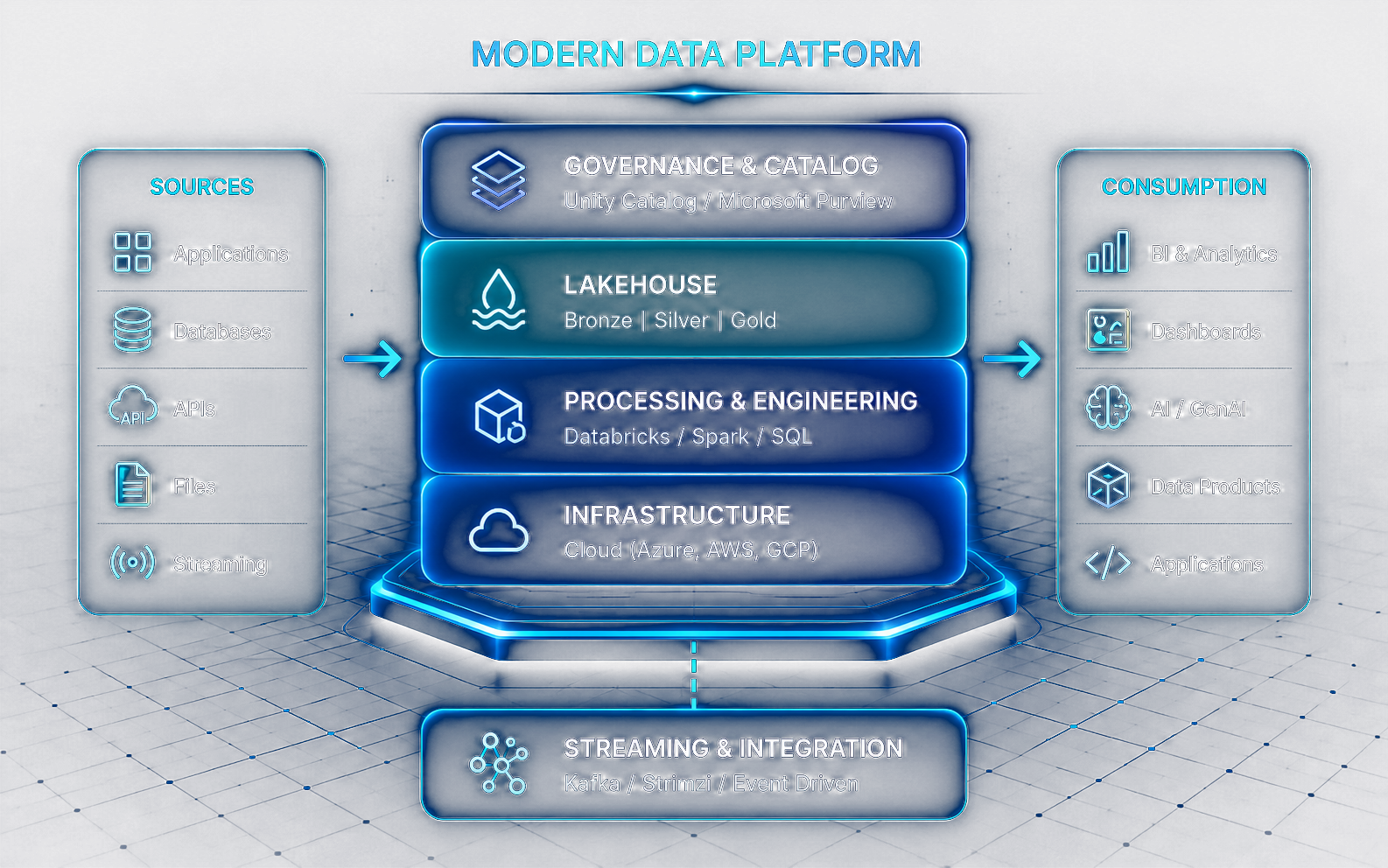 Modern data platform architecture diagram showing sources, lakehouse, governance, processing, infrastructure, streaming integration and consumption layers