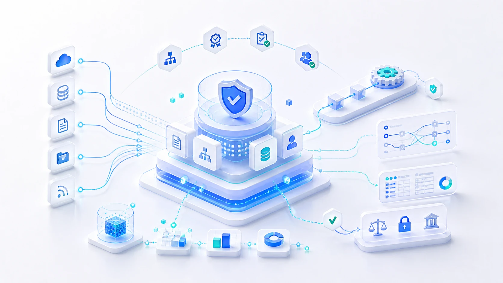 Bright data governance metadata automation and trust network illustration.