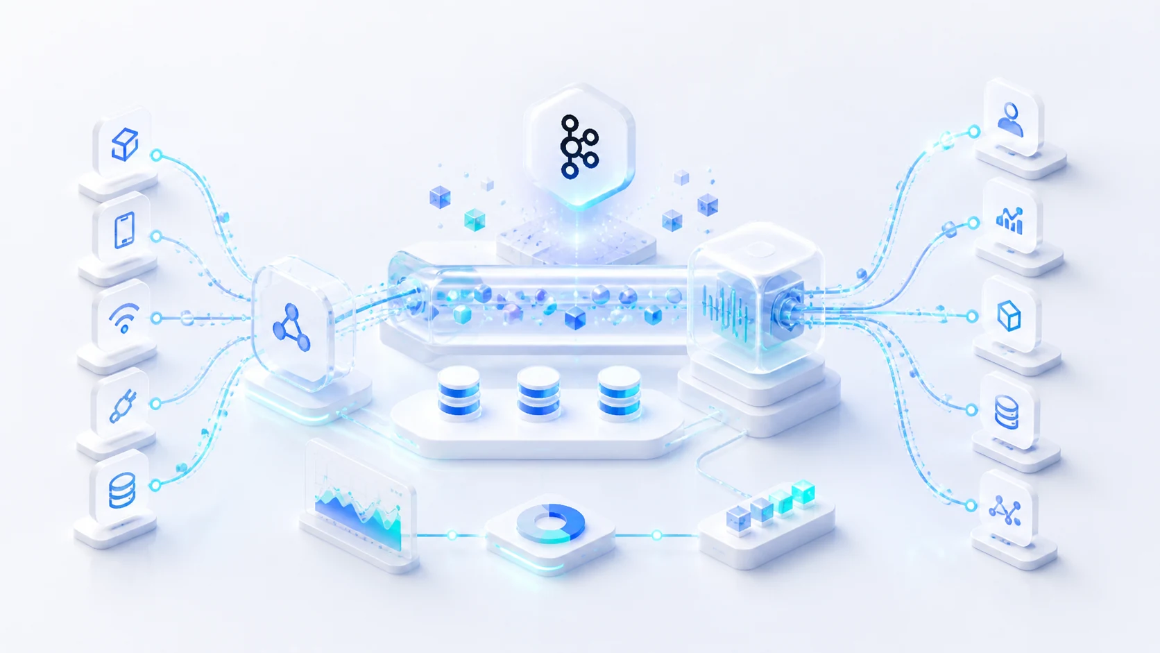 Bright event-driven streaming architecture illustration with connected data flows.