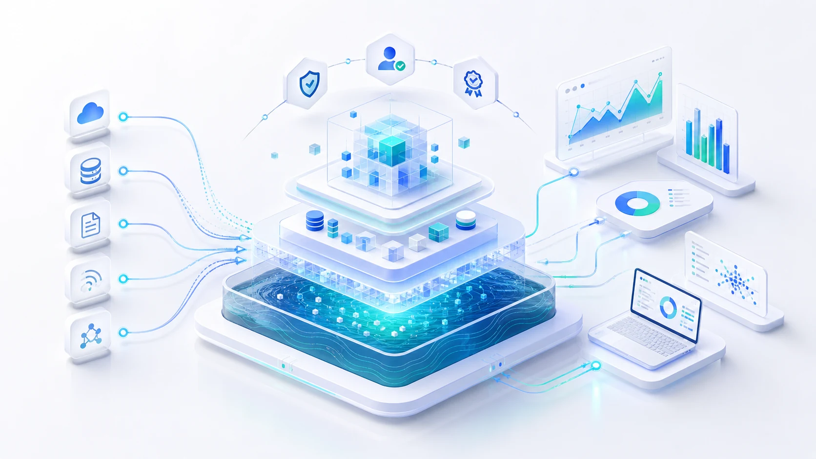 Bright modern data lakehouse and platform architecture illustration.